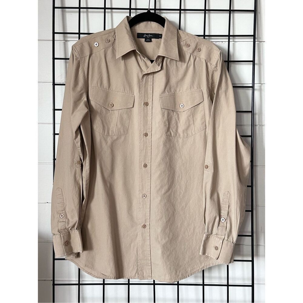 Sean John Tailored Fit Utility Cargo Shirt Mens M Tan Khaki Military